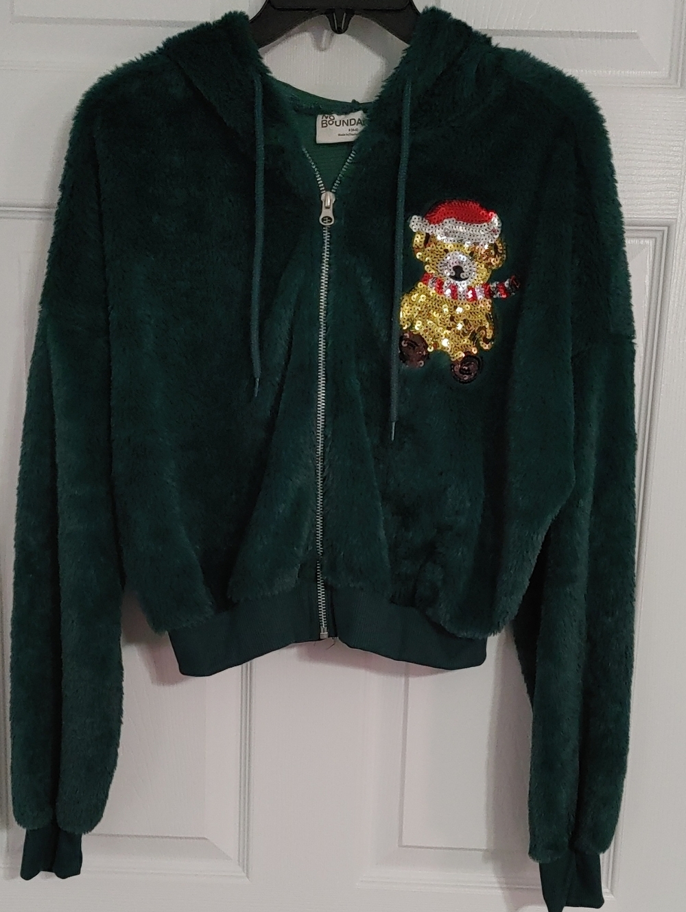 No Boundaries Faux Fur Dark Green Zip-Up Hoodie Sequin Christmas Bear Sz Small